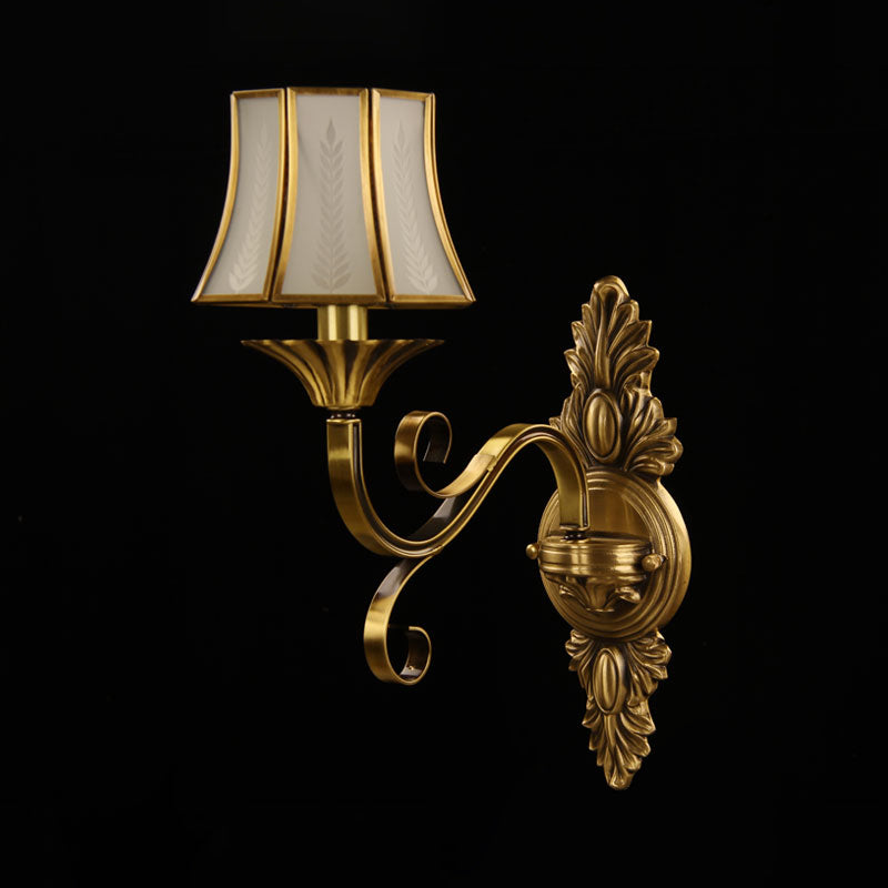 1-Light Flared Wall Lamp Fixture Traditional Brass Frosted Glass Wall Mounted Light for Bedroom