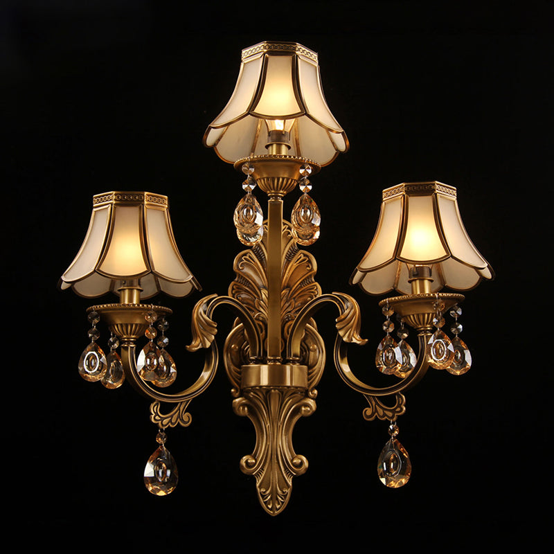3 Heads Scalloped Wall Lighting Traditional Brass Finish Frosted Glass Sconce with Crystal Deco