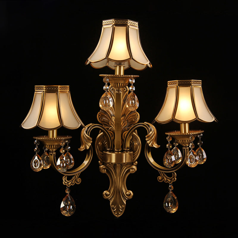 3 Heads Scalloped Wall Lighting Traditional Brass Finish Frosted Glass Sconce with Crystal Deco