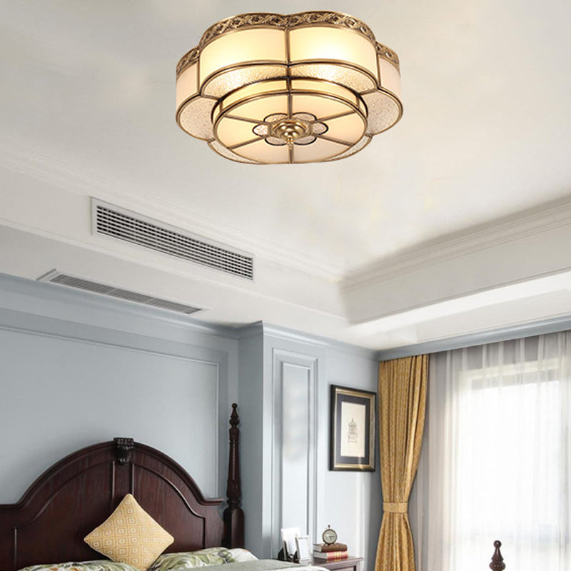 Brass Floral Ceiling Mounted Light Vintage Opal Glass Bedroom Flush Mount Fixture
