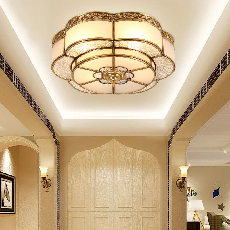 Brass Floral Ceiling Mounted Light Vintage Opal Glass Bedroom Flush Mount Fixture