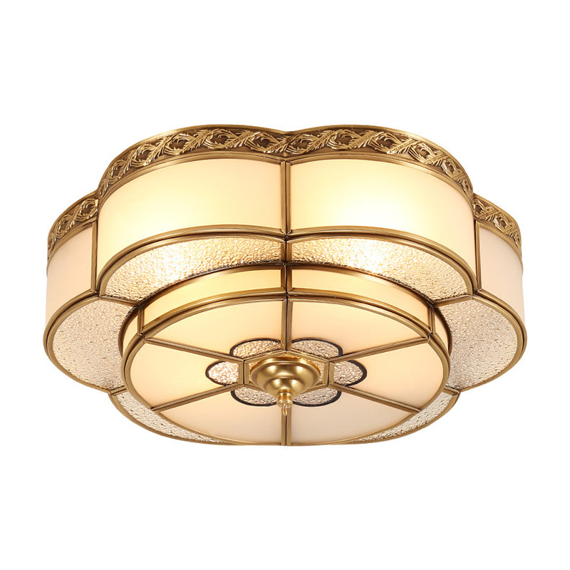 Brass Floral Ceiling Mounted Light Vintage Opal Glass Bedroom Flush Mount Fixture