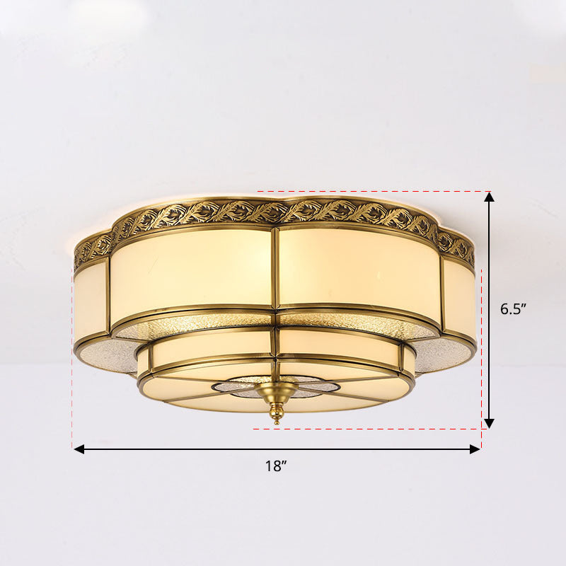 Brass Floral Ceiling Mounted Light Vintage Opal Glass Bedroom Flush Mount Fixture