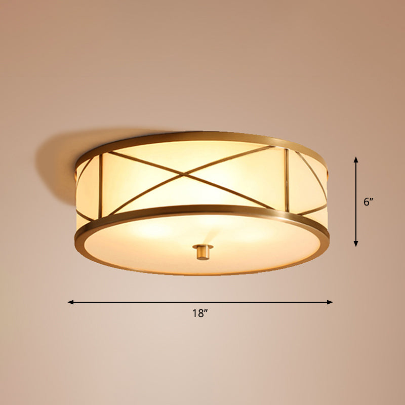 Simplicity Drum Flushmount Lighting Opal Glass Ceiling Mounted Fixture with X Brace in Brass