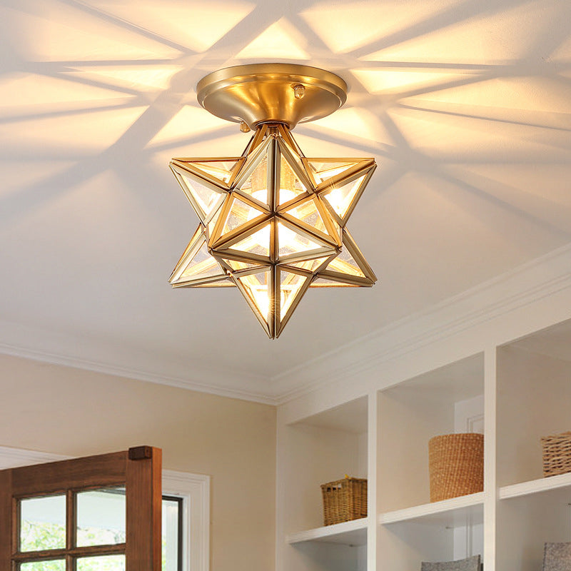 Geometrische Deckenlampe im Kolonialstil, 1 Glühbirne, halbbündiges Licht aus transparentem Glas in Messing