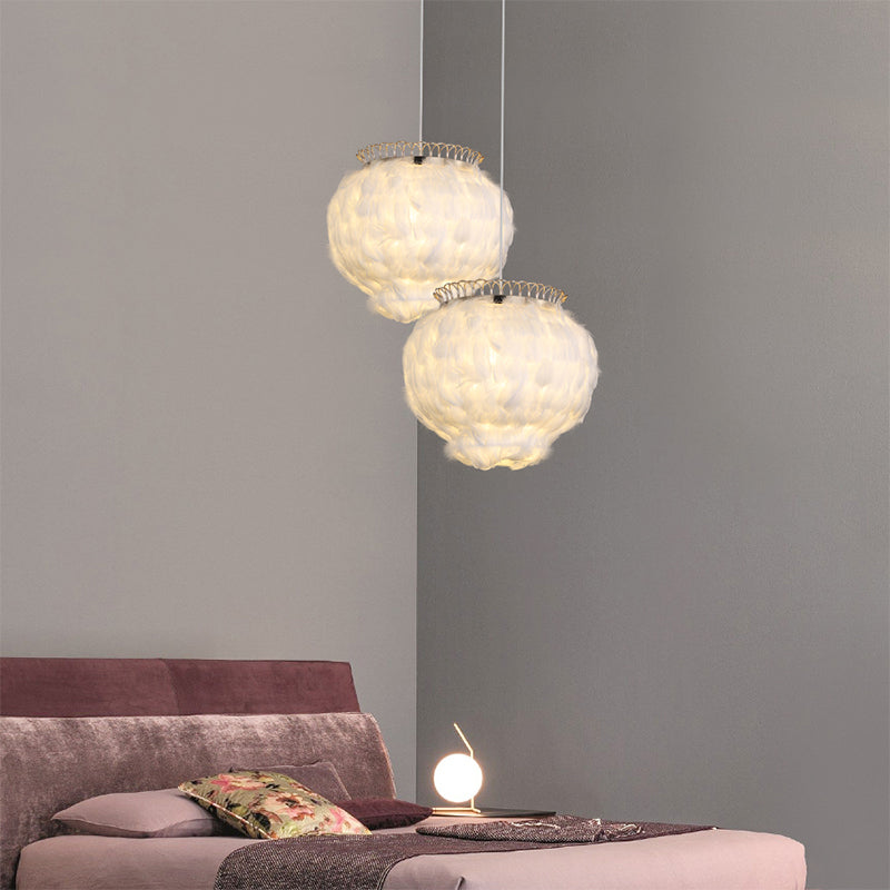 Globe Hanging Ceiling Lantern Minimalist Feather 3-Bulb White Pendant Light for Bedroom