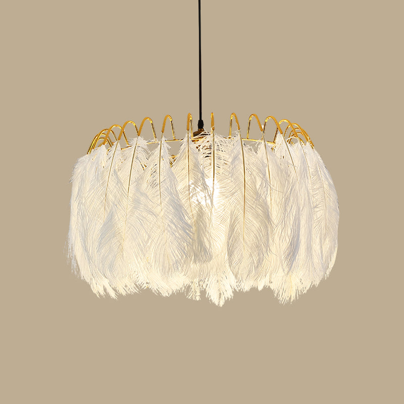 Round Feather Hanging Lamp Postmodern White Chandelier Light Fixture for Living Room