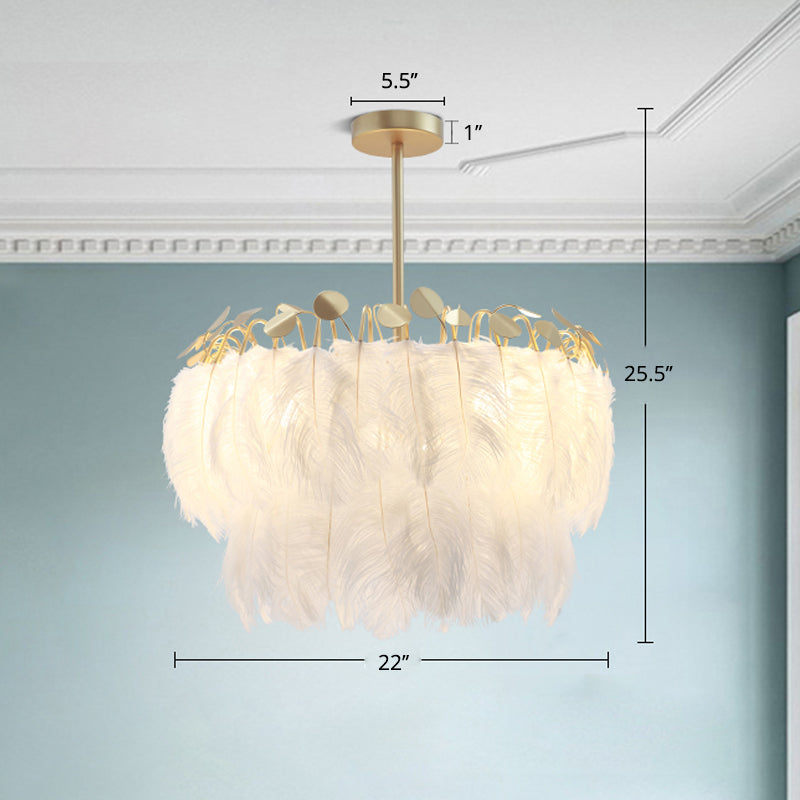 Round Chandelier Light Fixture Postmodern Feather White Hanging Lamp for Bedroom