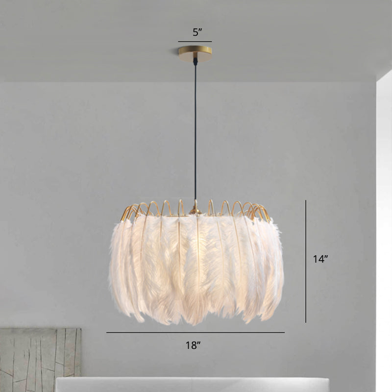 Round Chandelier Light Fixture Postmodern Feather White Hanging Lamp for Bedroom