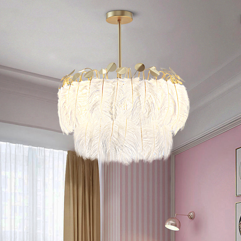 Round Chandelier Light Fixture Postmodern Feather White Hanging Lamp for Bedroom