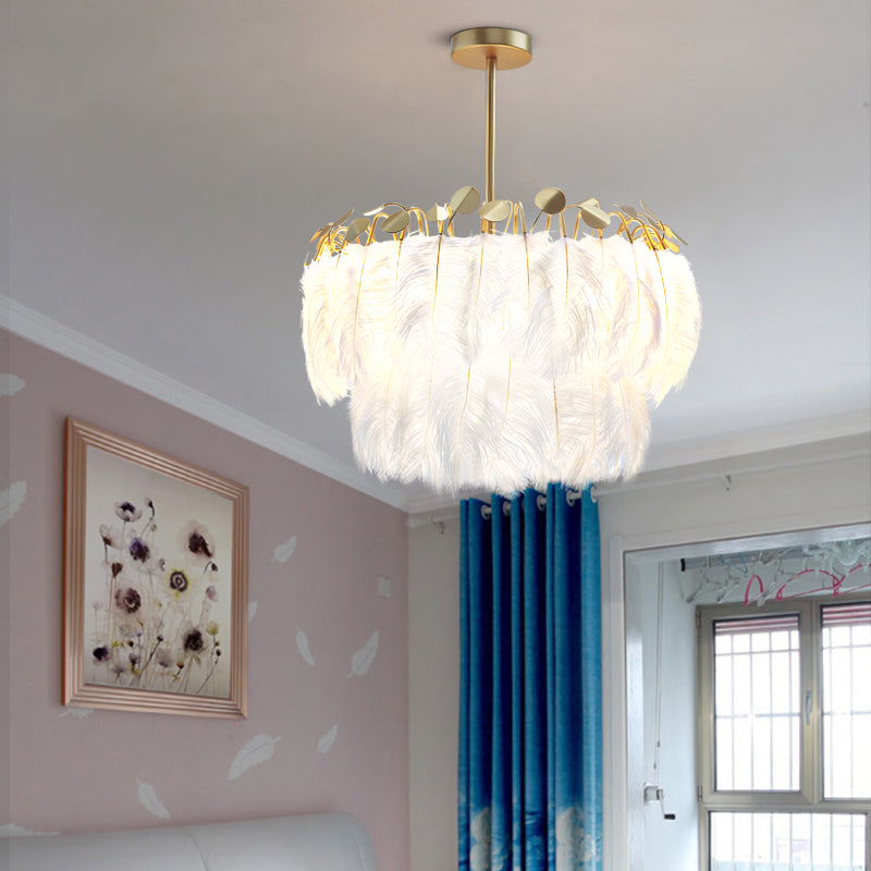 Round Chandelier Light Fixture Postmodern Feather White Hanging Lamp for Bedroom