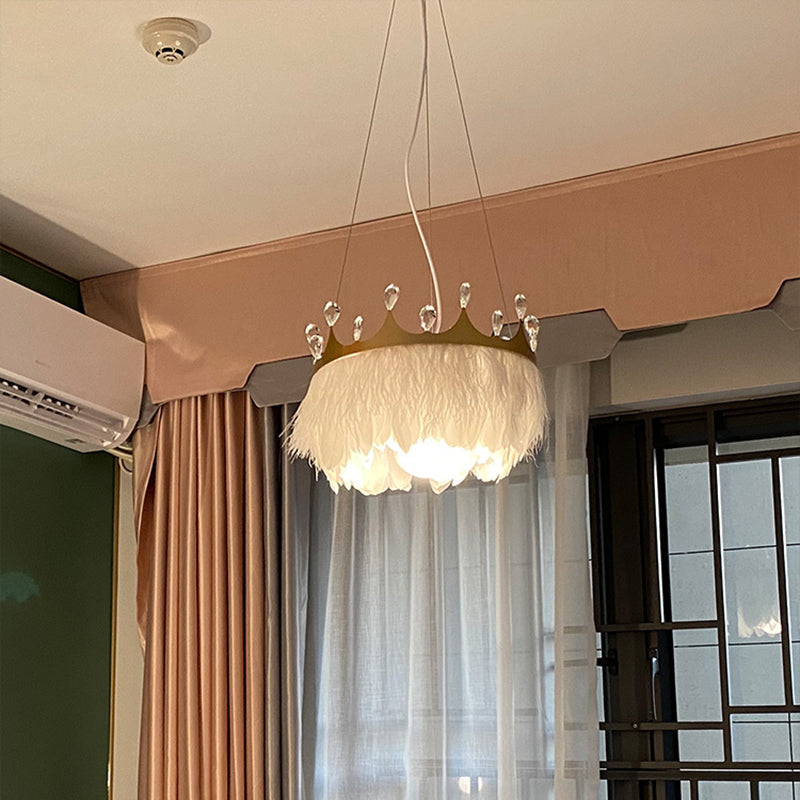 Crown Child Room Chandelier Lamp Feather 1 Bulb Minimalist Pendant Lighting in White with Crystal Accents