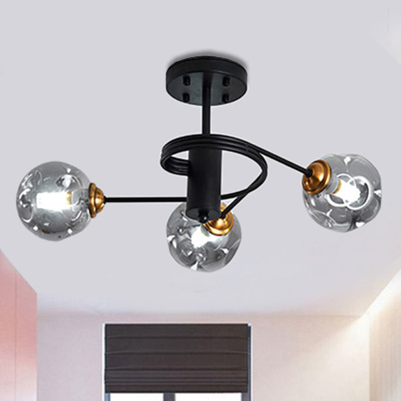 3/5 Lights Living Room Semi Flush with Ball Amber/Smoke Dimpled Blown Glass Shade Modernist Black Semi Flush Ceiling Light