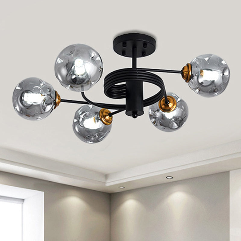 3/5 Lights Living Room Semi Flush with Ball Amber/Smoke Dimpled Blown Glass Shade Modernist Black Semi Flush Ceiling Light