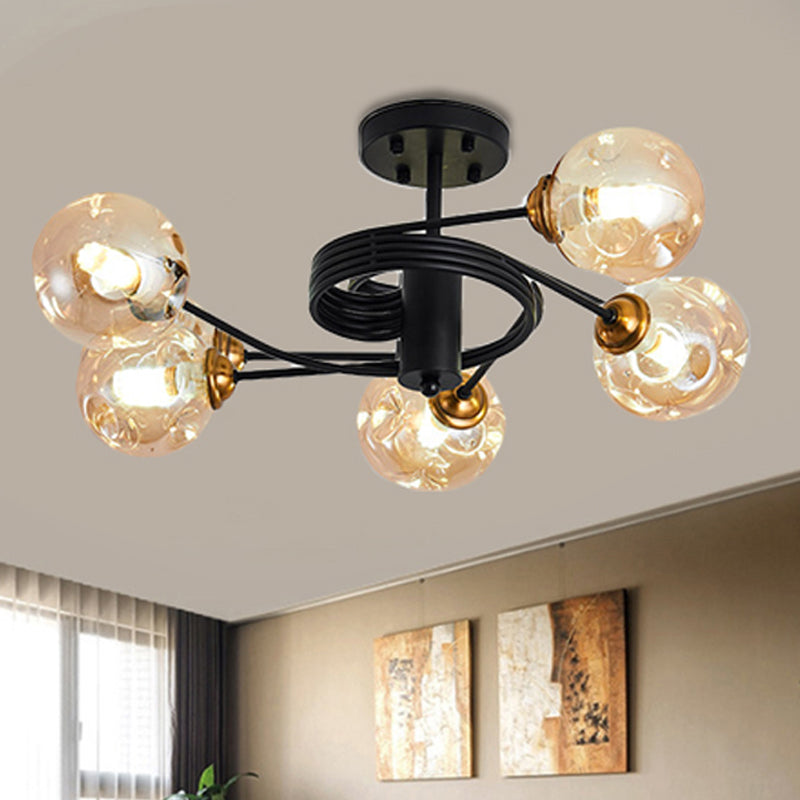 3/5 Lights Living Room Semi Flush with Ball Amber/Smoke Dimpled Blown Glass Shade Modernist Black Semi Flush Ceiling Light