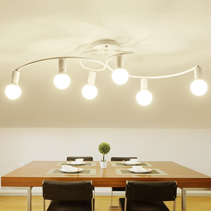 Wit/zwart gebogen arm semi -spoelbevestiging met opaalglas kale bol schaduw eigentijds metaal 6 lichten semi -spoeling lamp armatuur