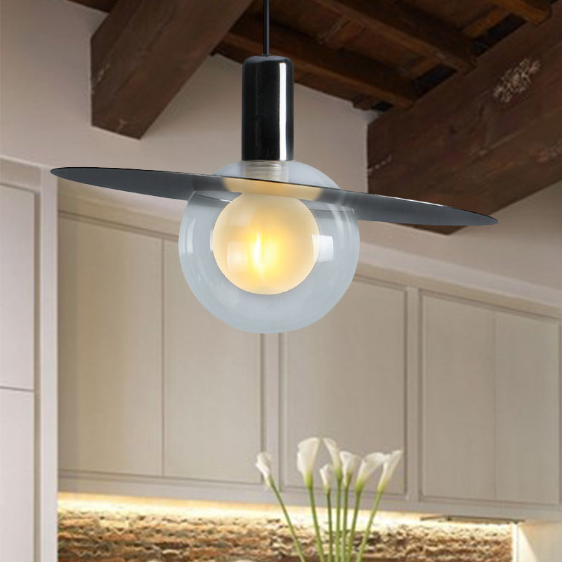 Globe Pendante en verre transparent LED contemporain Black Hanging Lightture avec disque d'anneau