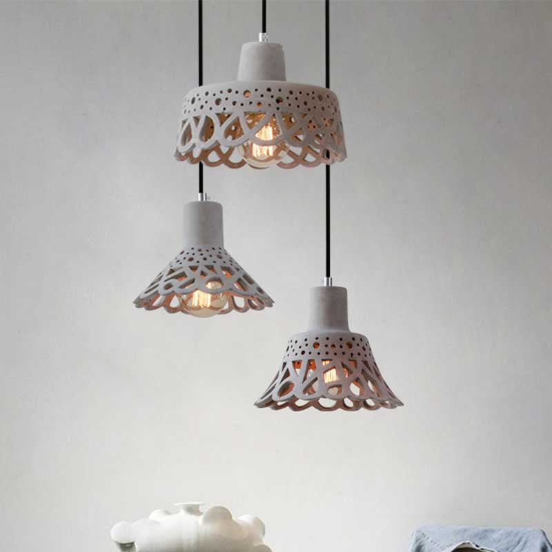 Iluminación colgante grabada en hormigón de estilo nórdico 1 luz colgante de gris claro/blanco/amarillo con tono geométrico/campana/acampanado