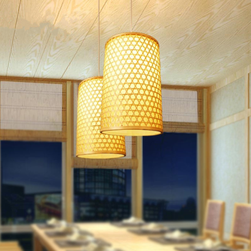 Cylindrical Bamboo Hanging Ceiling Light Modernist Style 1 Head Beige Pendant Lamp for Dining Room