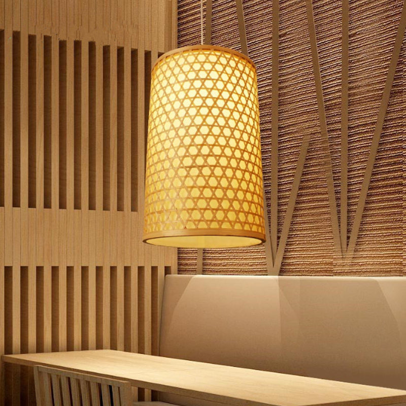Cylindrical Bamboo Hanging Ceiling Light Modernist Style 1 Head Beige Pendant Lamp for Dining Room