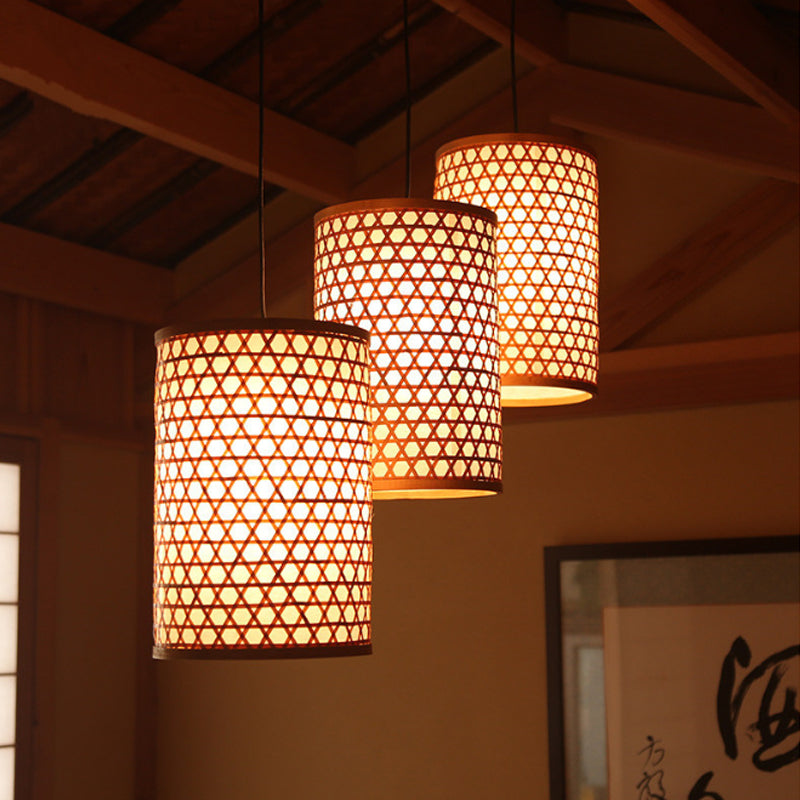 Cylindrical Bamboo Hanging Ceiling Light Modernist Style 1 Head Beige Pendant Lamp for Dining Room