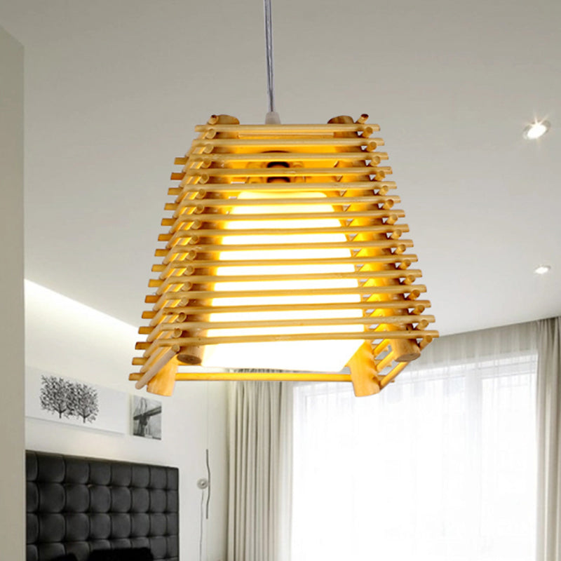 Colgante de suspensión trapezoide de madera japonesa de madera de 1 luz de madera luz colgante con sombra de vidrio blanco para dormitorio
