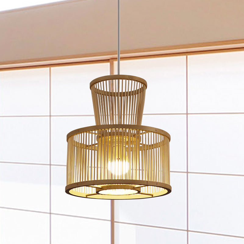 2-Tier Drum Hanging Light Countryside Bamboo 1 Light Beige Pendant Ceiling Light for Bedroom