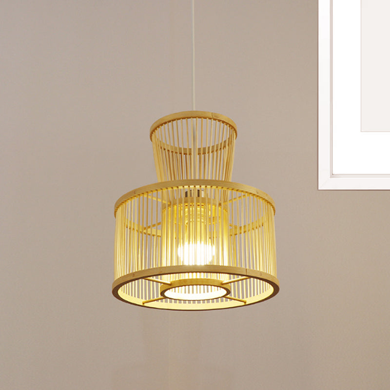 2-Tier Drum Hanging Light Countryside Bamboo 1 Light Beige Pendant Ceiling Light for Bedroom
