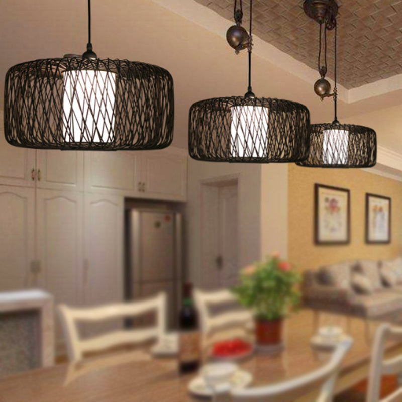 1 Light Restaurant Hanging Lamp with Drum Bamboo Shade Black Pendant Light Fixture, 16"/23.5" Wide