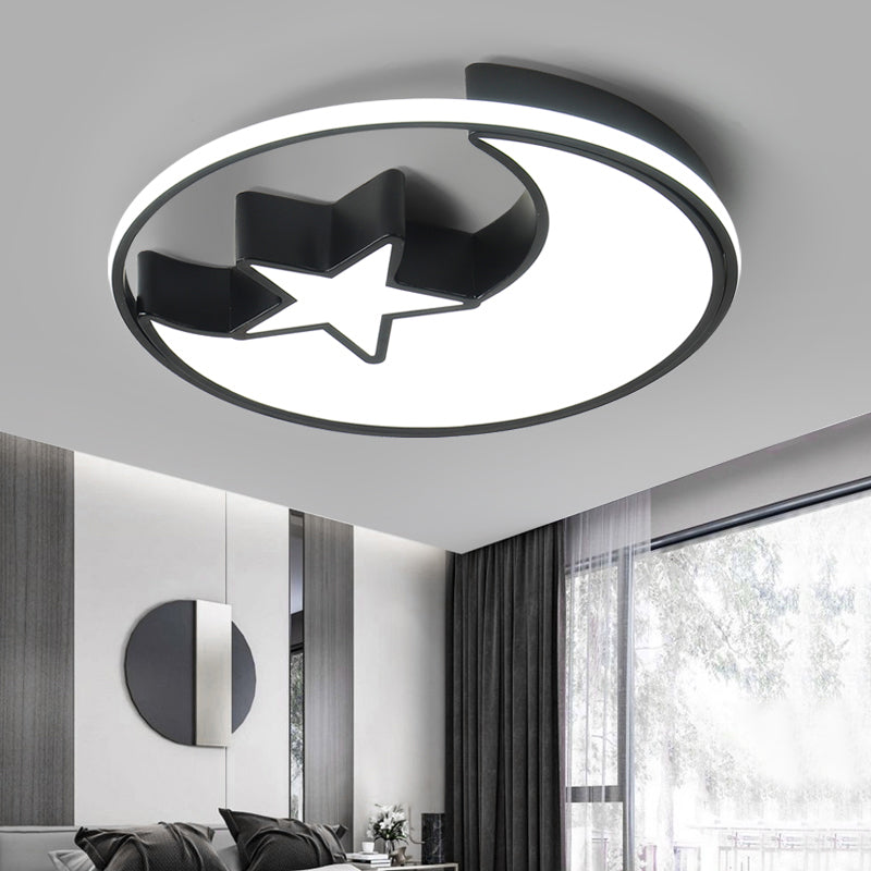 Kids LED Flush Mounted Lamp Black Crescent and Star Ceiling Lighting with Acrylic Shade