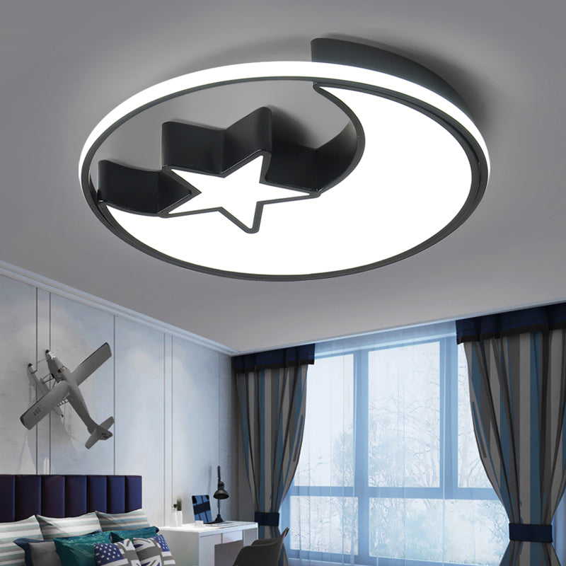 Kids LED Flush Mounted Lamp Black Crescent and Star Ceiling Lighting with Acrylic Shade
