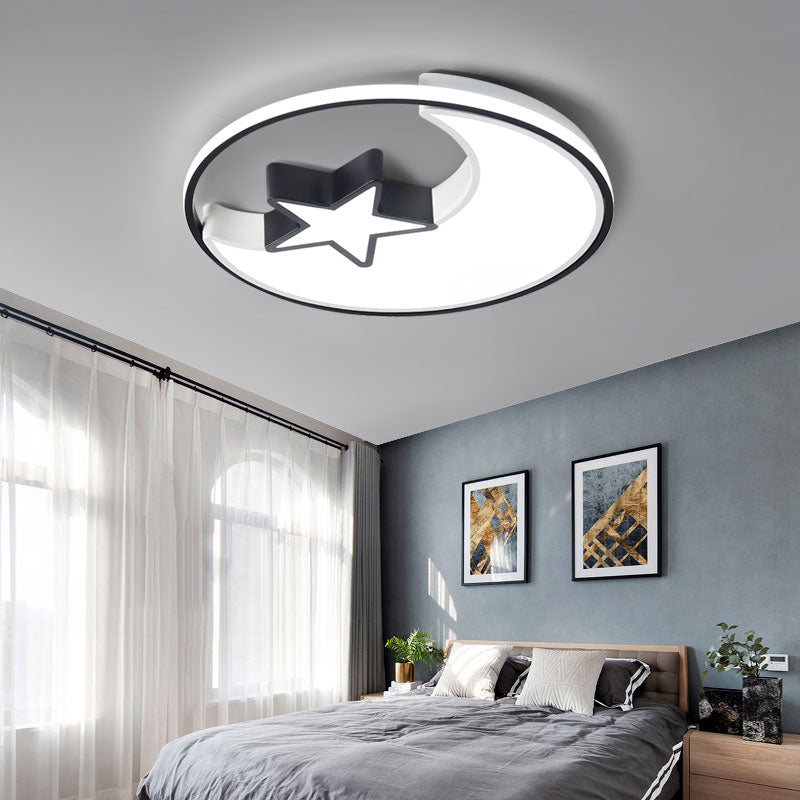 Kids LED Flush Mounted Lamp Black Crescent and Star Ceiling Lighting with Acrylic Shade