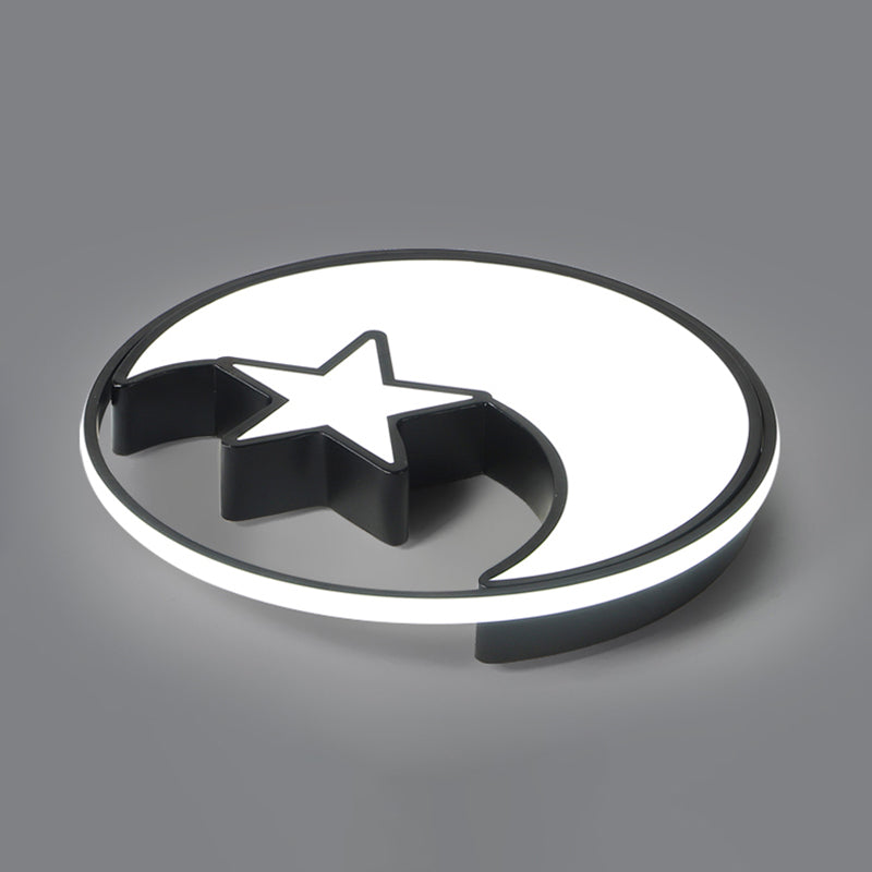 Kids LED Flush Mounted Lamp Black Crescent and Star Ceiling Lighting with Acrylic Shade