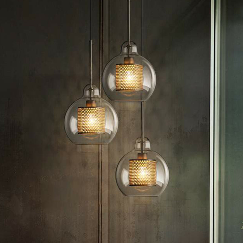 Geometric Clear Glass Ceiling Pendant Postmodern 1 Bulb Brass Finish Hanging Light with Mesh Inside