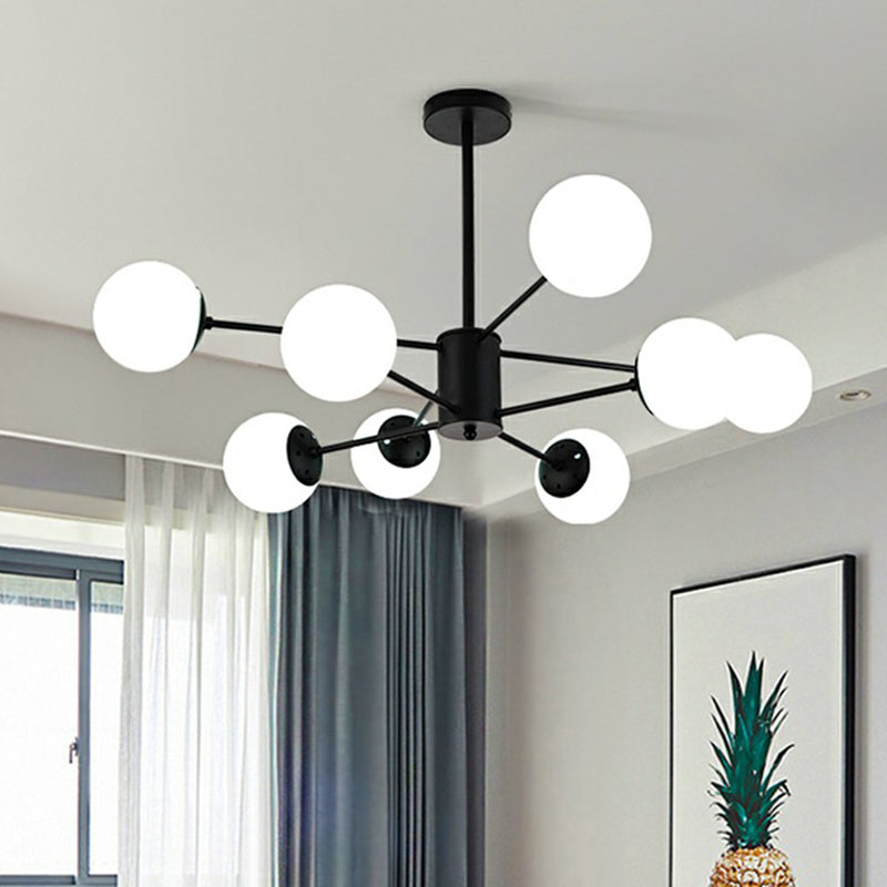 Black Burst Hanging Lamp Modern Metal Chandelier with Ball Opaline Glass Shade for Bedroom