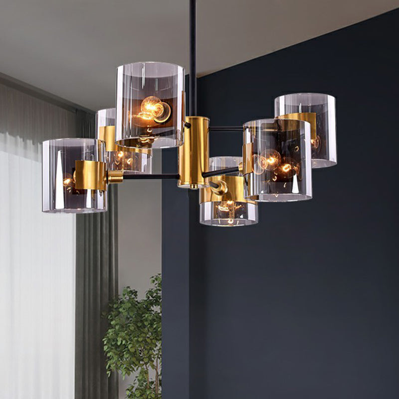 Smoke Grey Glass Cylinder Chandelier Minimalistic Black-Brass Ceiling Pendant Light for Dining Room