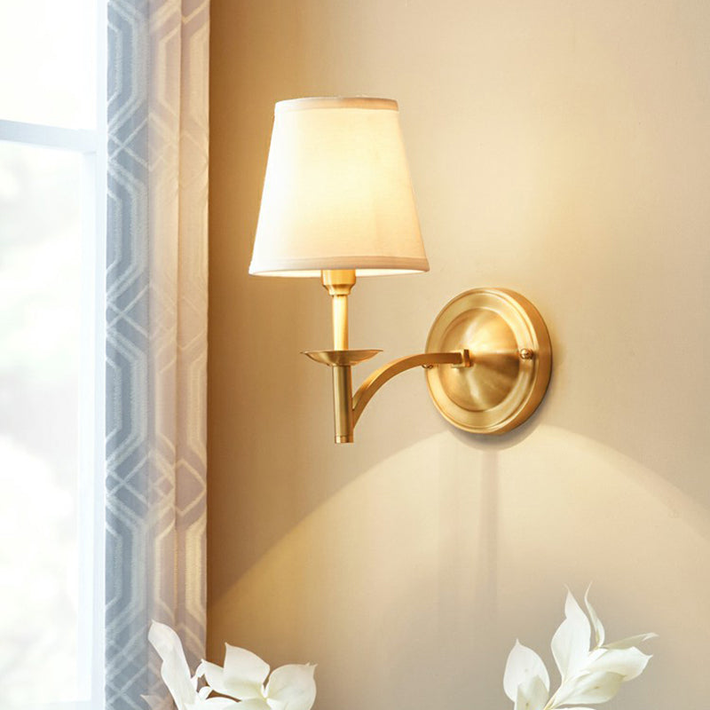 Simplicity 1-Bulb Sconce Lamp Brass Tapered Wall Light with Fabric Shade for Dining Room