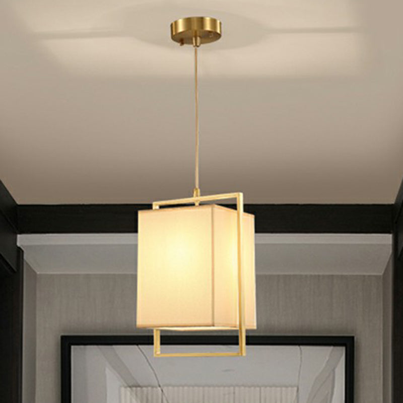 1 Head Bedroom Hanging Light Modern Gold Drop Pendant with Rectangular Fabric Shade
