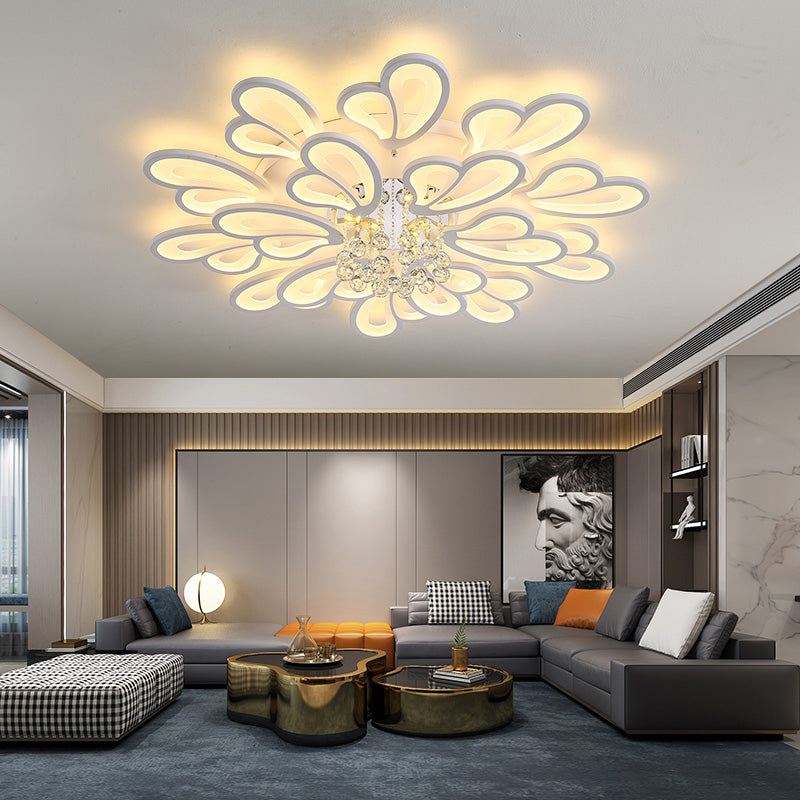 White Flower Flush Ceiling Light Minimalist LED Acrylic Flush Mounted Lamp with Crystal Ball