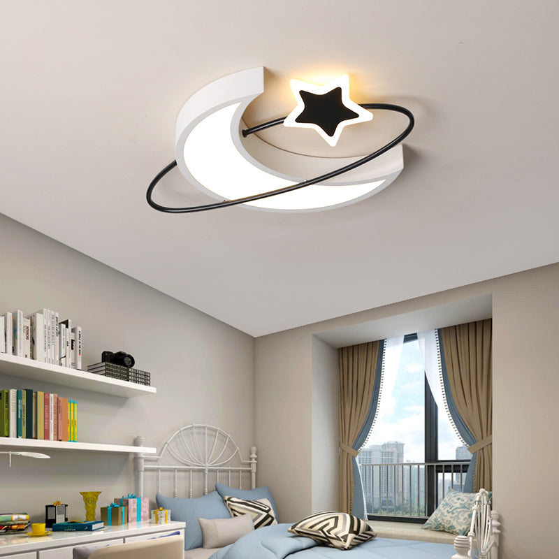 Minimalist Moon and Star Ceiling Light Acrylic Bedroom LED Flush Mount Lamp in Black-White