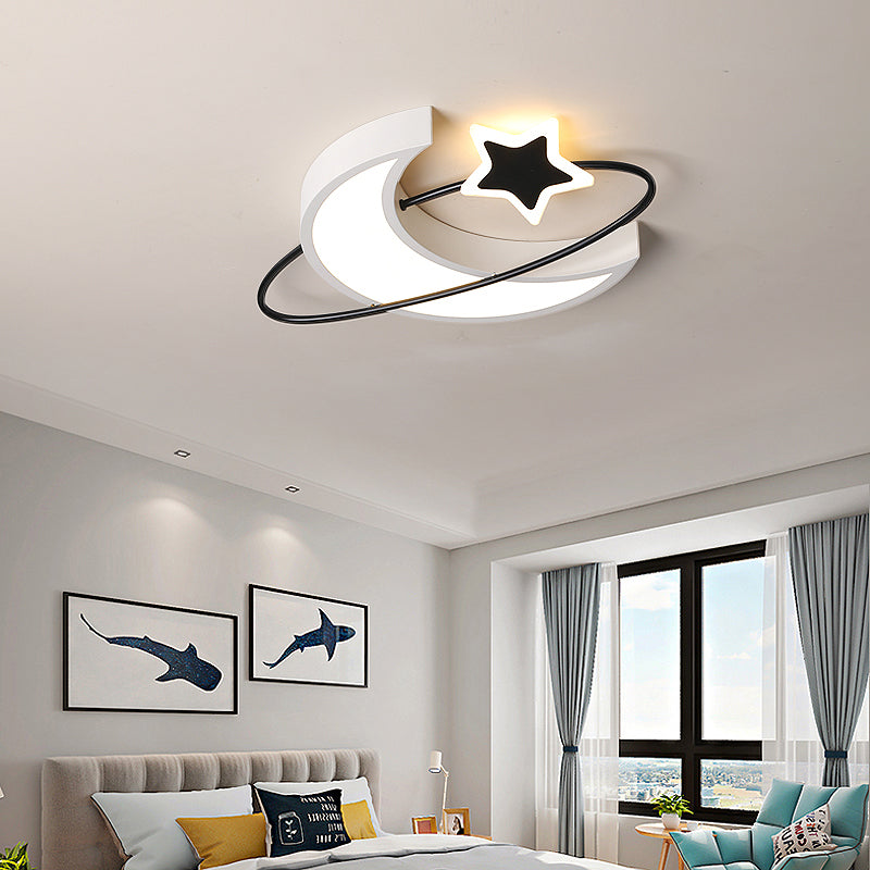Minimalist Moon and Star Ceiling Light Acrylic Bedroom LED Flush Mount Lamp in Black-White