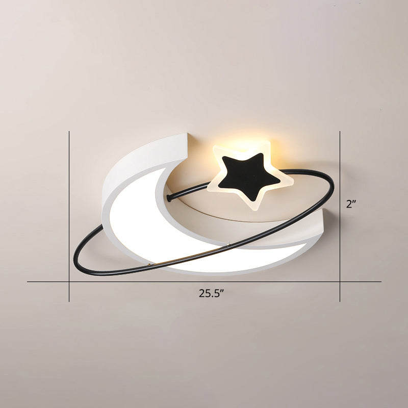 Minimalist Moon and Star Ceiling Light Acrylic Bedroom LED Flush Mount Lamp in Black-White