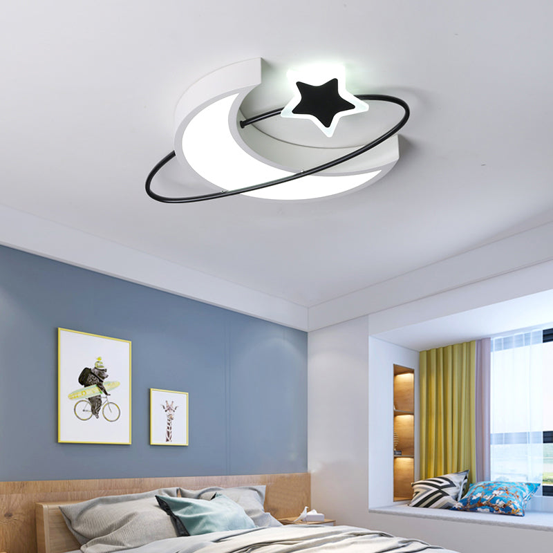 Minimalist Moon and Star Ceiling Light Acrylic Bedroom LED Flush Mount Lamp in Black-White