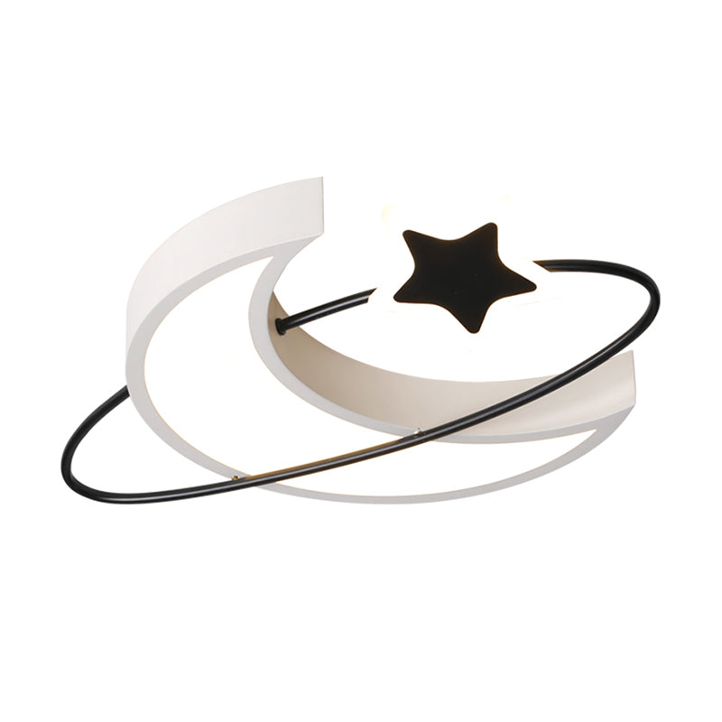 Minimalist Moon and Star Ceiling Light Acrylic Bedroom LED Flush Mount Lamp in Black-White