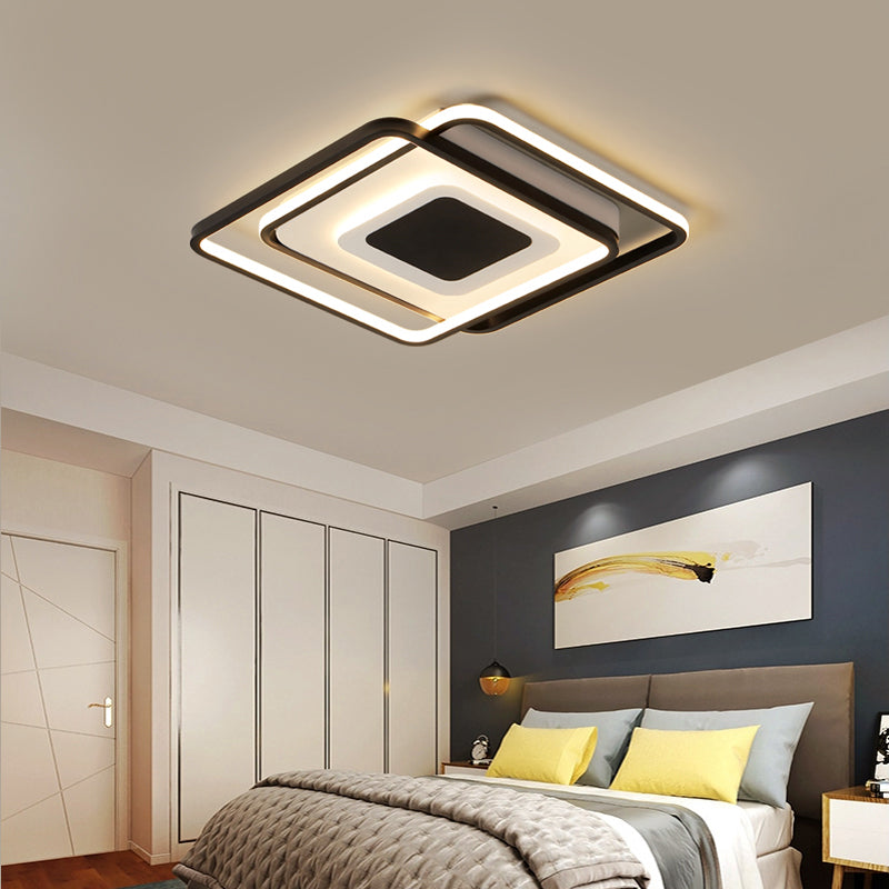 Square Bedroom Flush Light Metal Modern Style LED Ceiling Mounted Fixture in Black