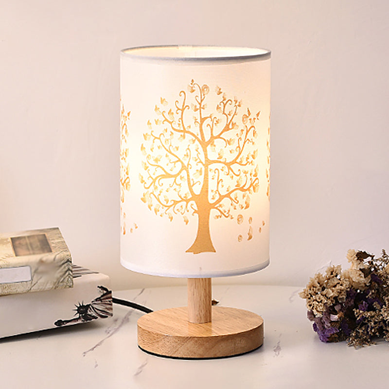 Lampada da comodino cilindrica in tessuto stampato a 1 luce da comodino minimalista in bianco