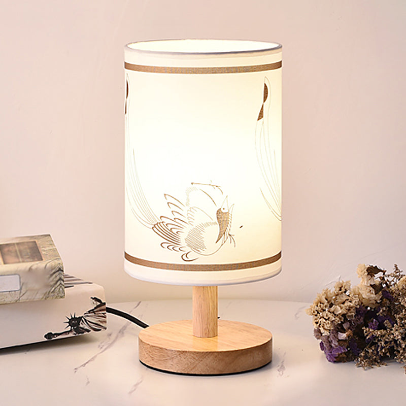 Lampada da comodino cilindrica in tessuto stampato a 1 luce da comodino minimalista in bianco