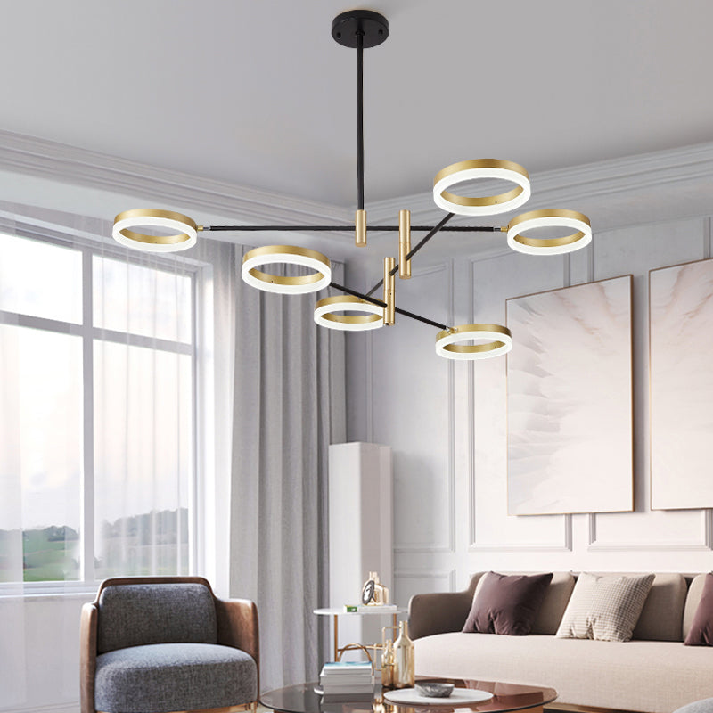 Adjustable Ring Chandelier Postmodern Acrylic Living Room LED Hanging Light in Black-Gold