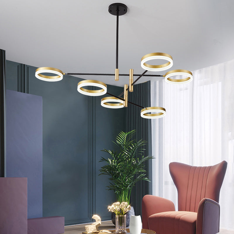 Adjustable Ring Chandelier Postmodern Acrylic Living Room LED Hanging Light in Black-Gold
