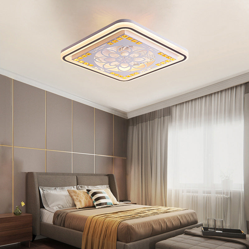 19,5 "W ausgehöhlte quadratische Semi-Flush-Licht moderne Kristallschlafzimmer Fernsteuerlüfter Lampe in Weiß